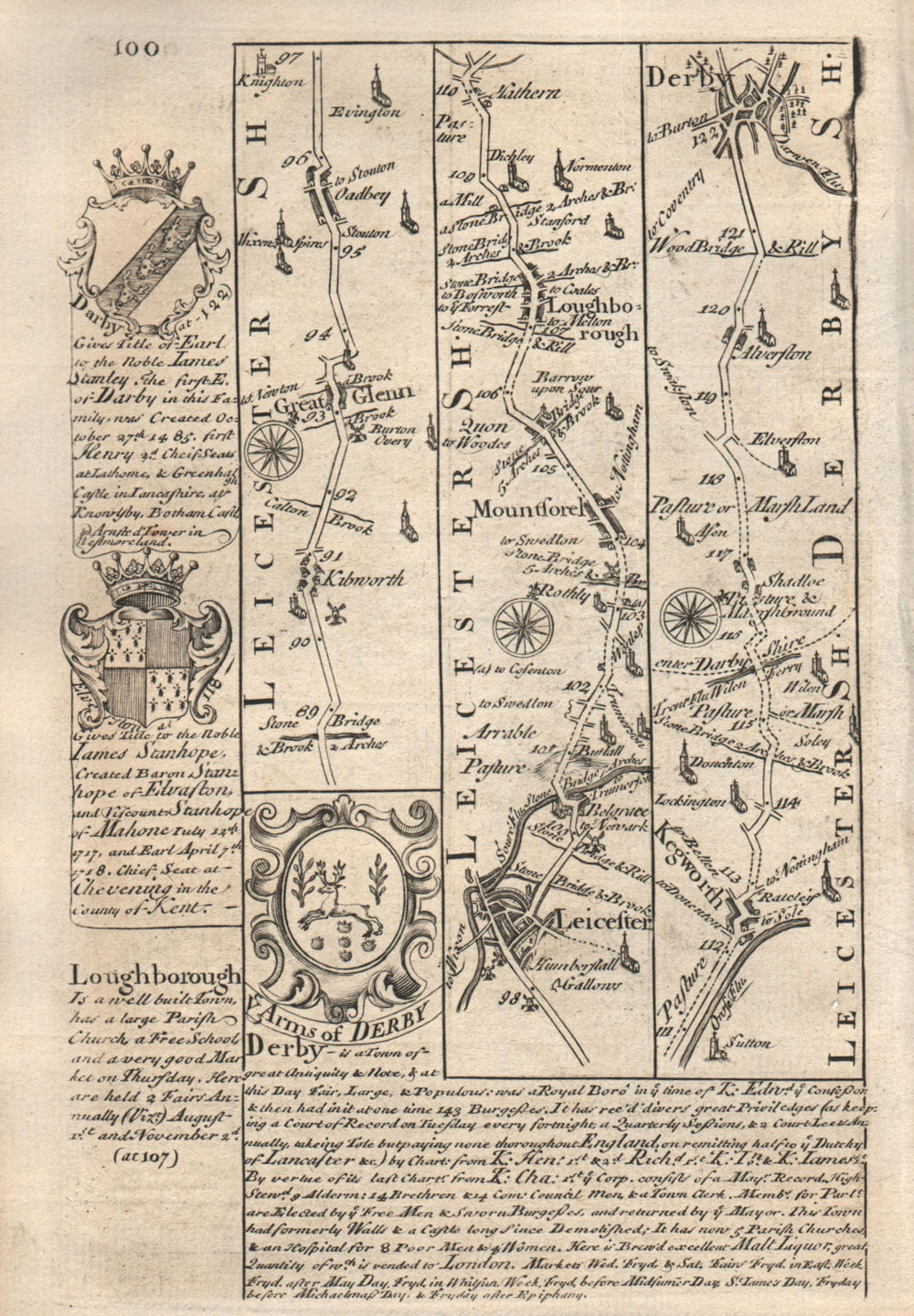 Great Glen-Leicester-Loughborough-Kegworth-Derby road map by OWEN & BOWEN 1753
