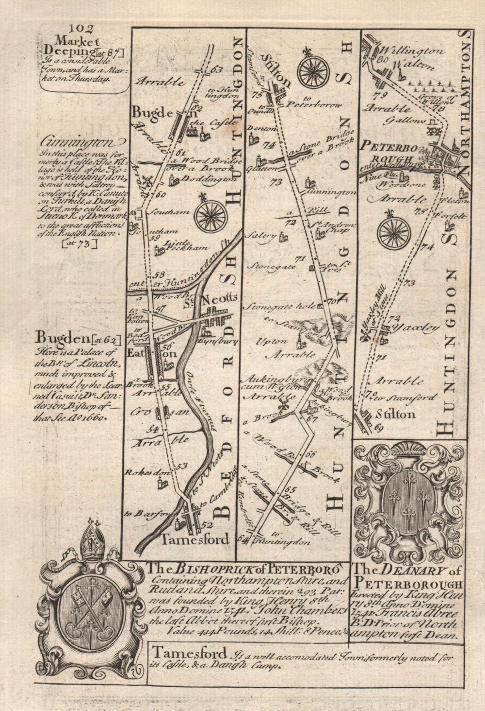 Tempsford-Eaton-St Neots-Stilton-Peterborough road map by OWEN & BOWEN 1753