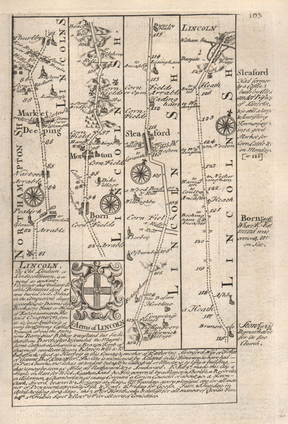 Market Deeping-Thurlby-Morton-Sleaford-Lincoln road map by OWEN & BOWEN 1753