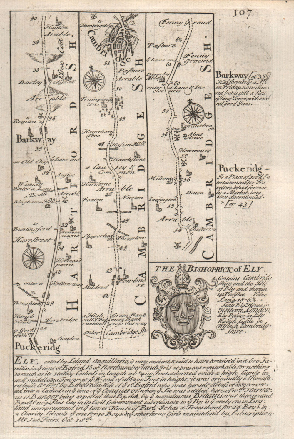 Puckeridge-Barkway-Fowlmere-Cambridge road map by J. OWEN & E. BOWEN 1753