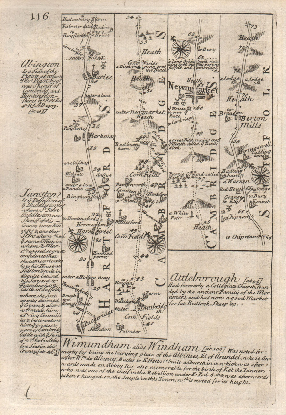 Puckeridge-Barkway-Barley-Newmarket-Barton Mills road map by OWEN & BOWEN 1753