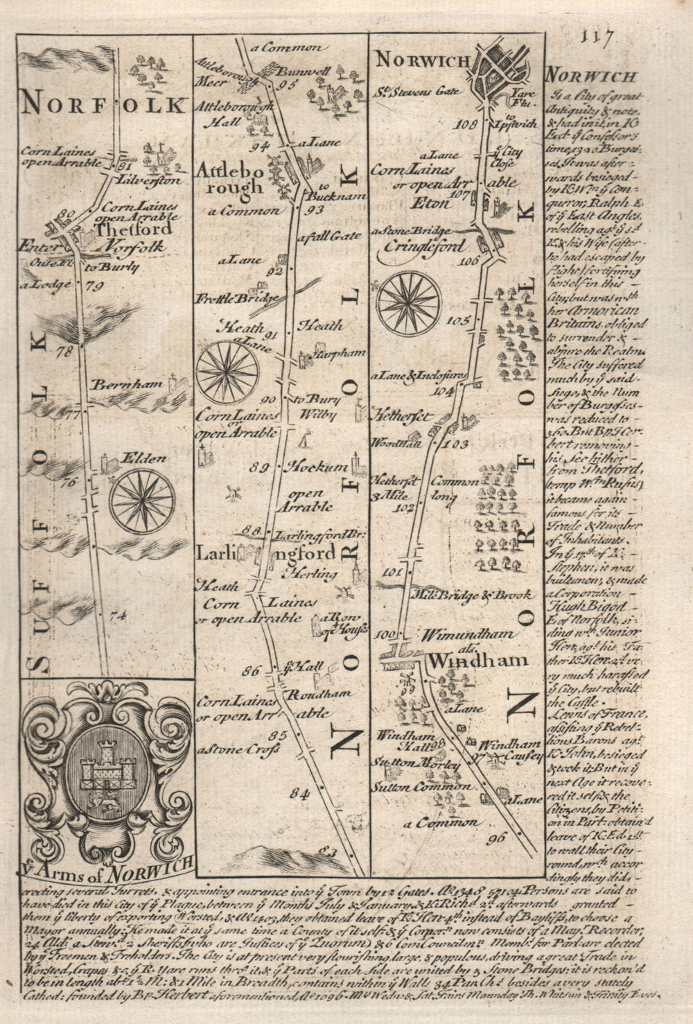 Thetford-Larling-Attleborough-Wymondham-Norwich road map by OWEN & BOWEN 1753