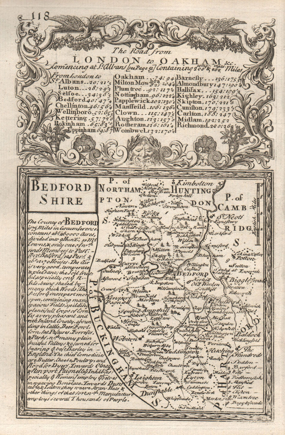 'Bedford-Shire'. County map by J. OWEN & E. BOWEN. Bedfordshire 1753 old
