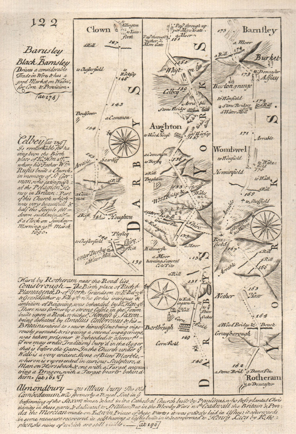Pleasley-Clowne-Aughton-Rotherham-Barnsley road map by OWEN & BOWEN 1753