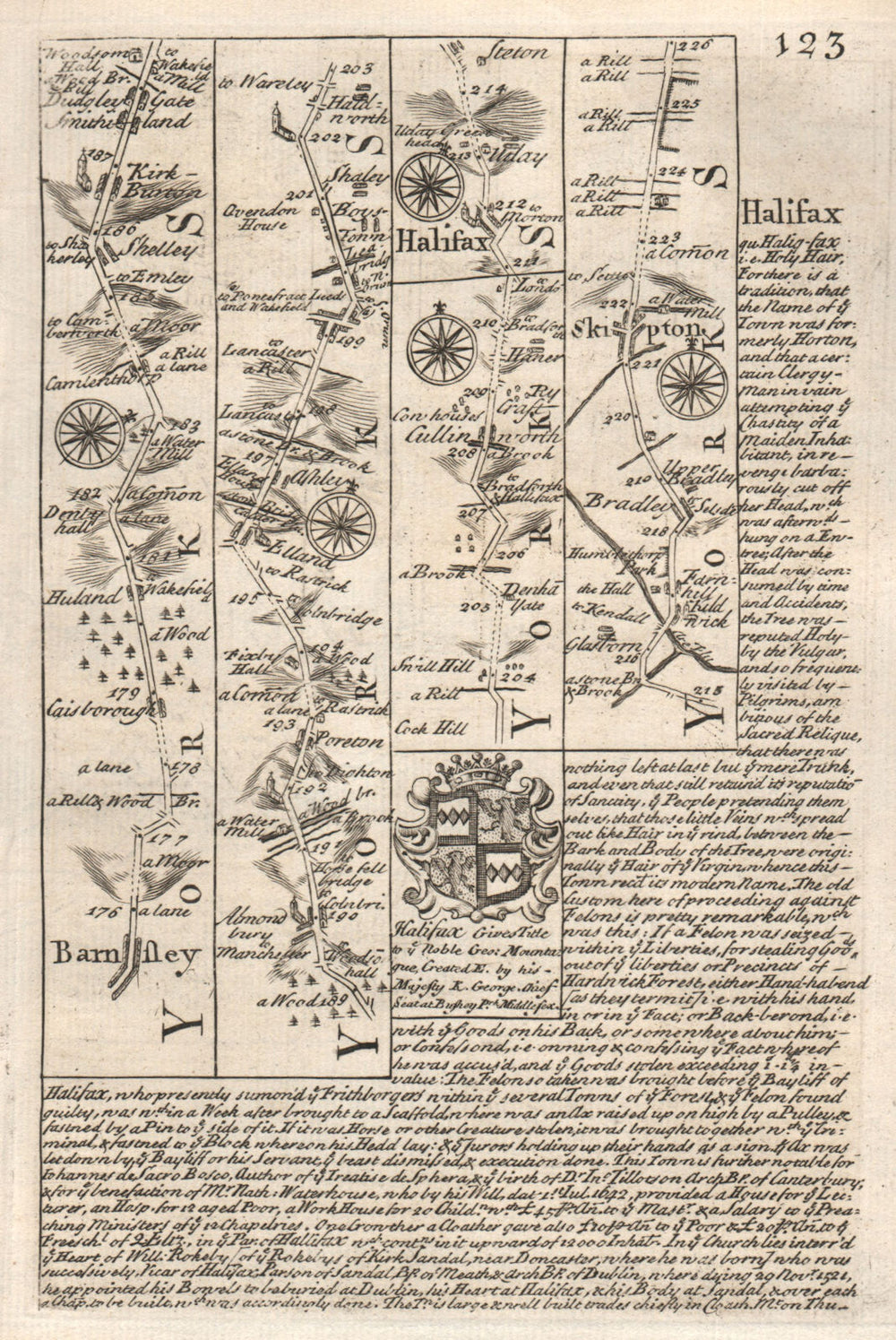 Barnsley-Kirkburton-Halifax-Skipton road strip map by J. OWEN & E. BOWEN 1753