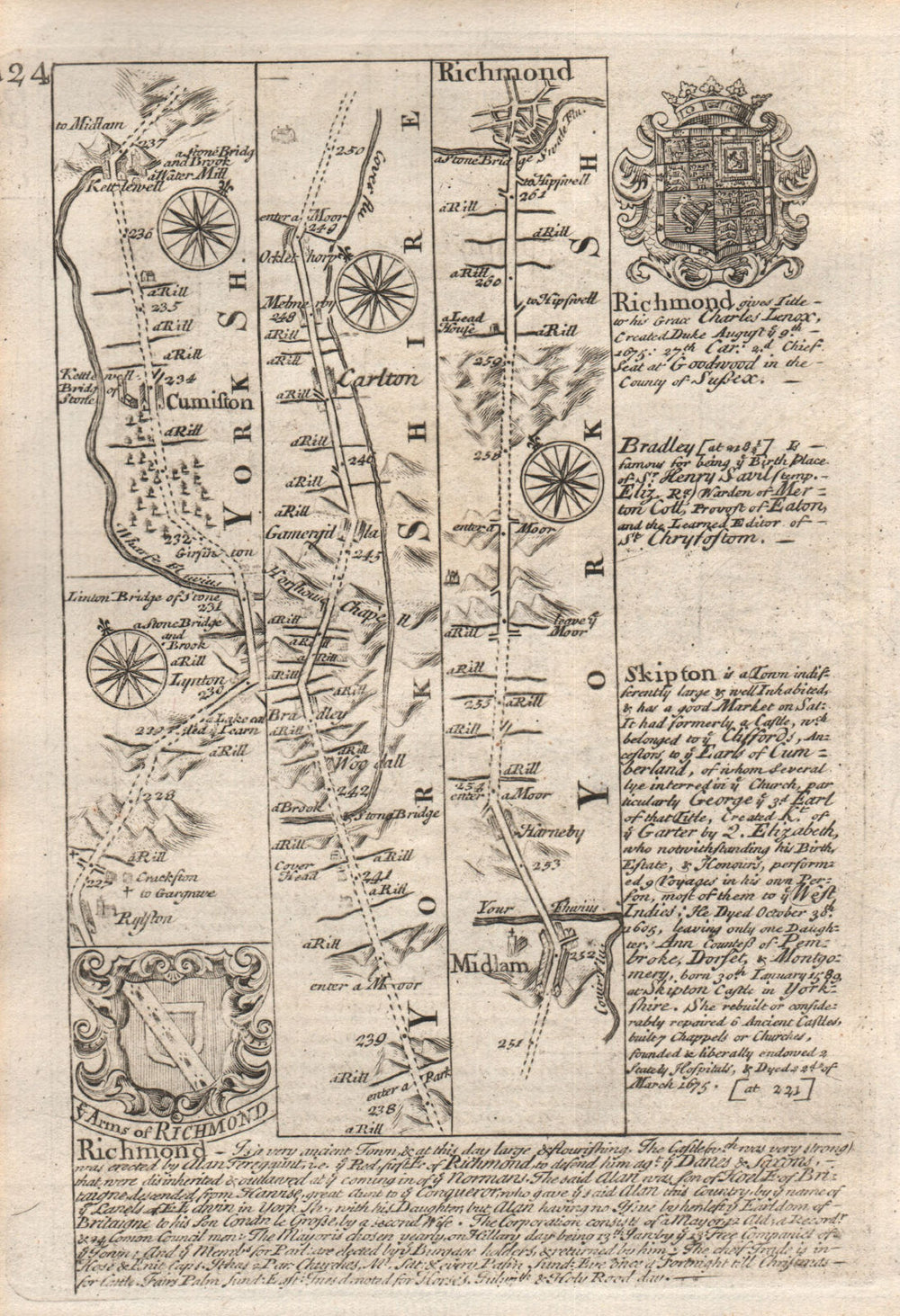 Kettlewell-Middleham-Richmond road strip map by J. OWEN & E. BOWEN 1753