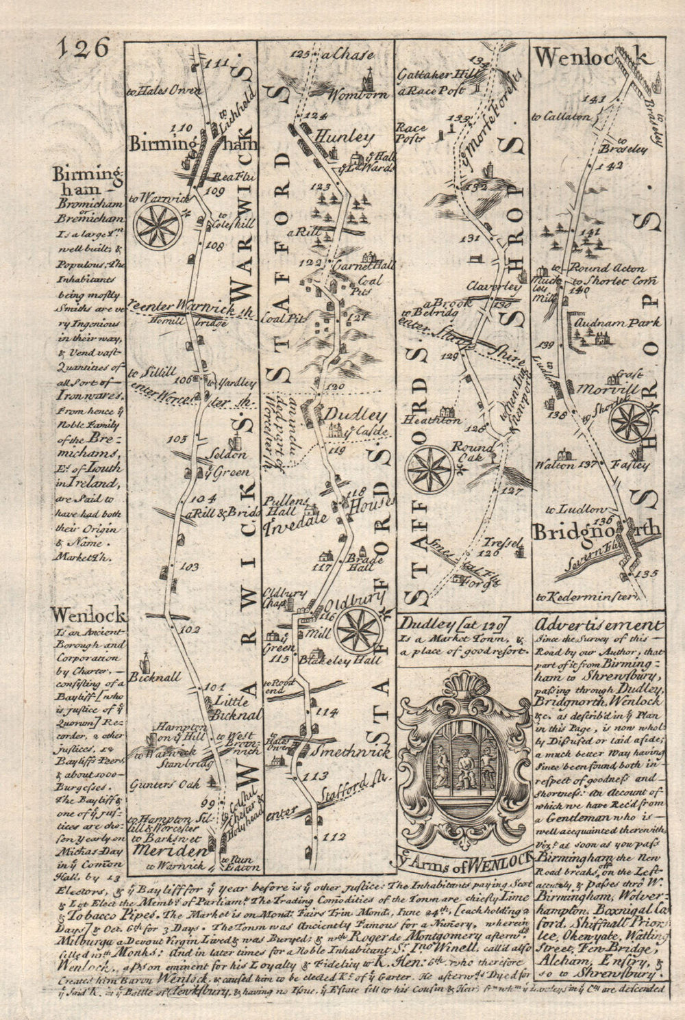 Meriden-Birmingham-Dudley-Bridgnorth-Much Wenlock road map by OWEN & BOWEN 1753