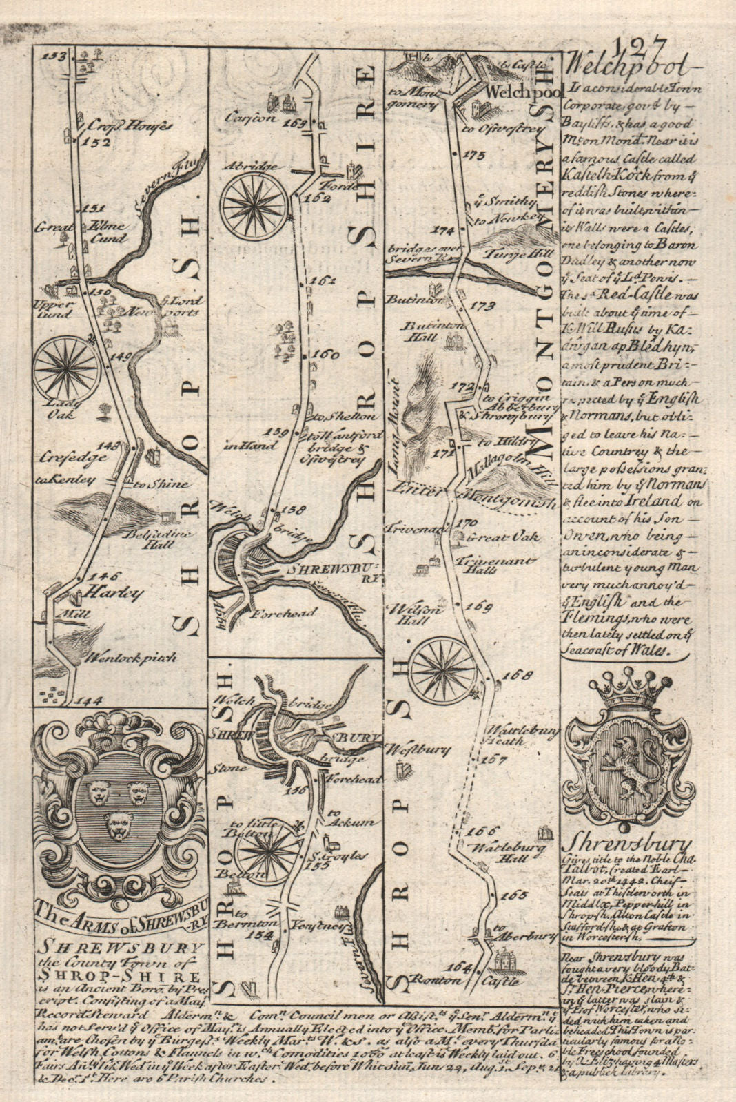 Harley-Shrewsbury-Welshpool road strip map by J. OWEN & E. BOWEN 1753 ...