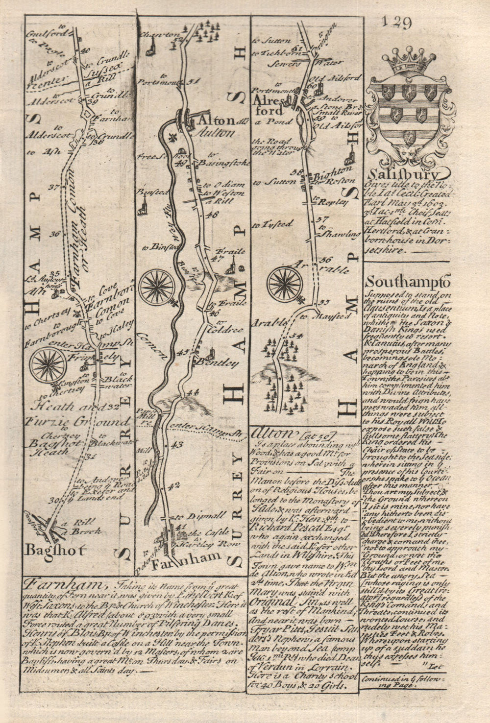 Bagshot-Farnham-Alton-Alresford road strip map by J. OWEN & E. BOWEN 1753