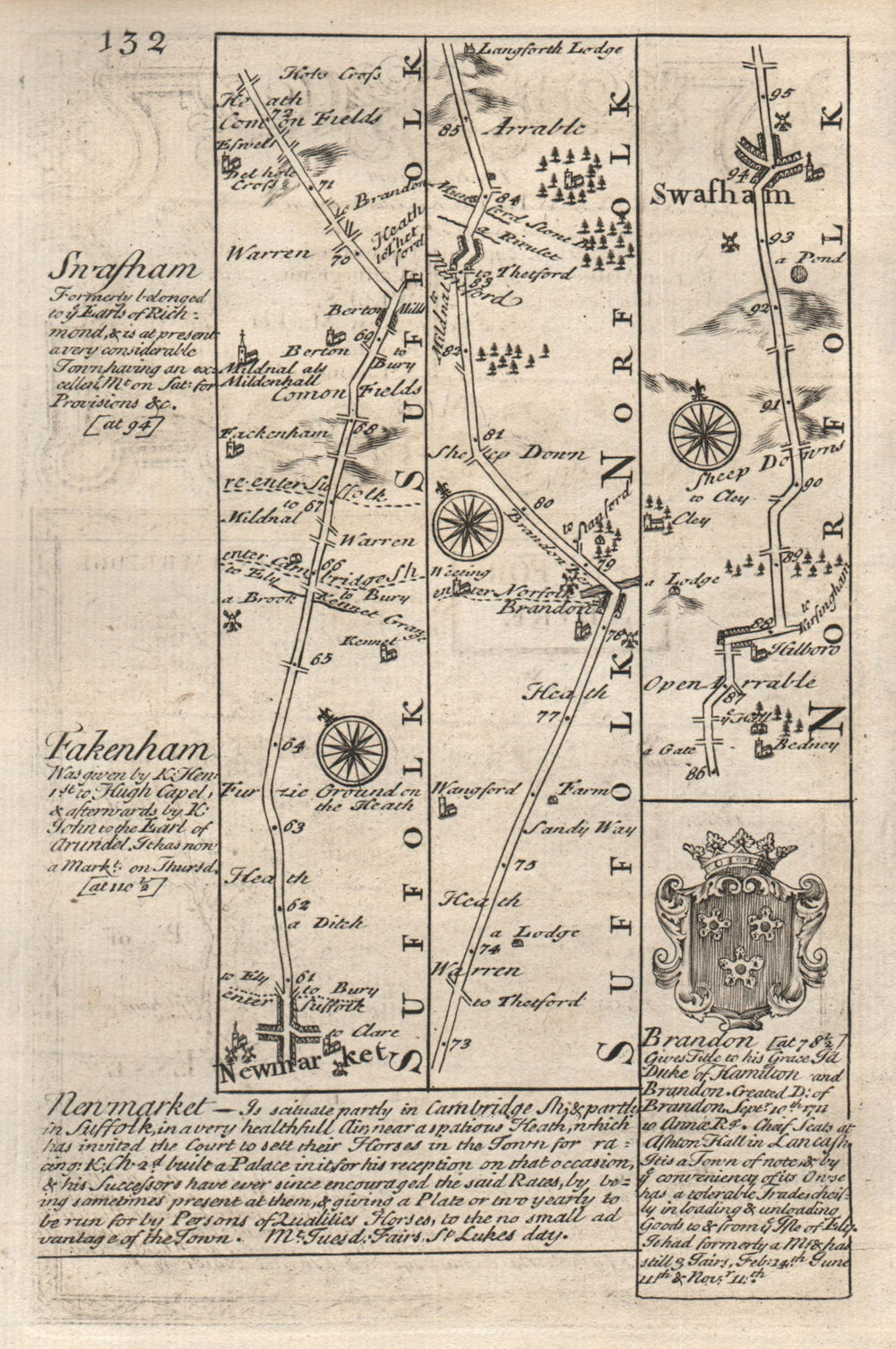 Newmarket-Barton Mills-Brandon-Swaffham road map by J. OWEN & E. BOWEN 1753