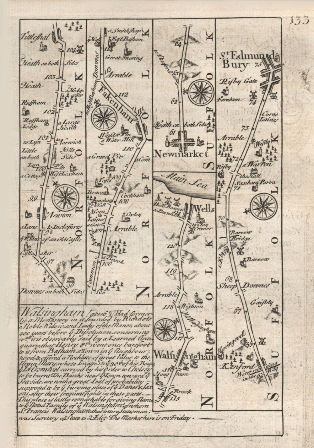 Fakenham-Walsingham-Wells next the Sea-Bury St Edmunds OWEN/BOWEN road map 1753