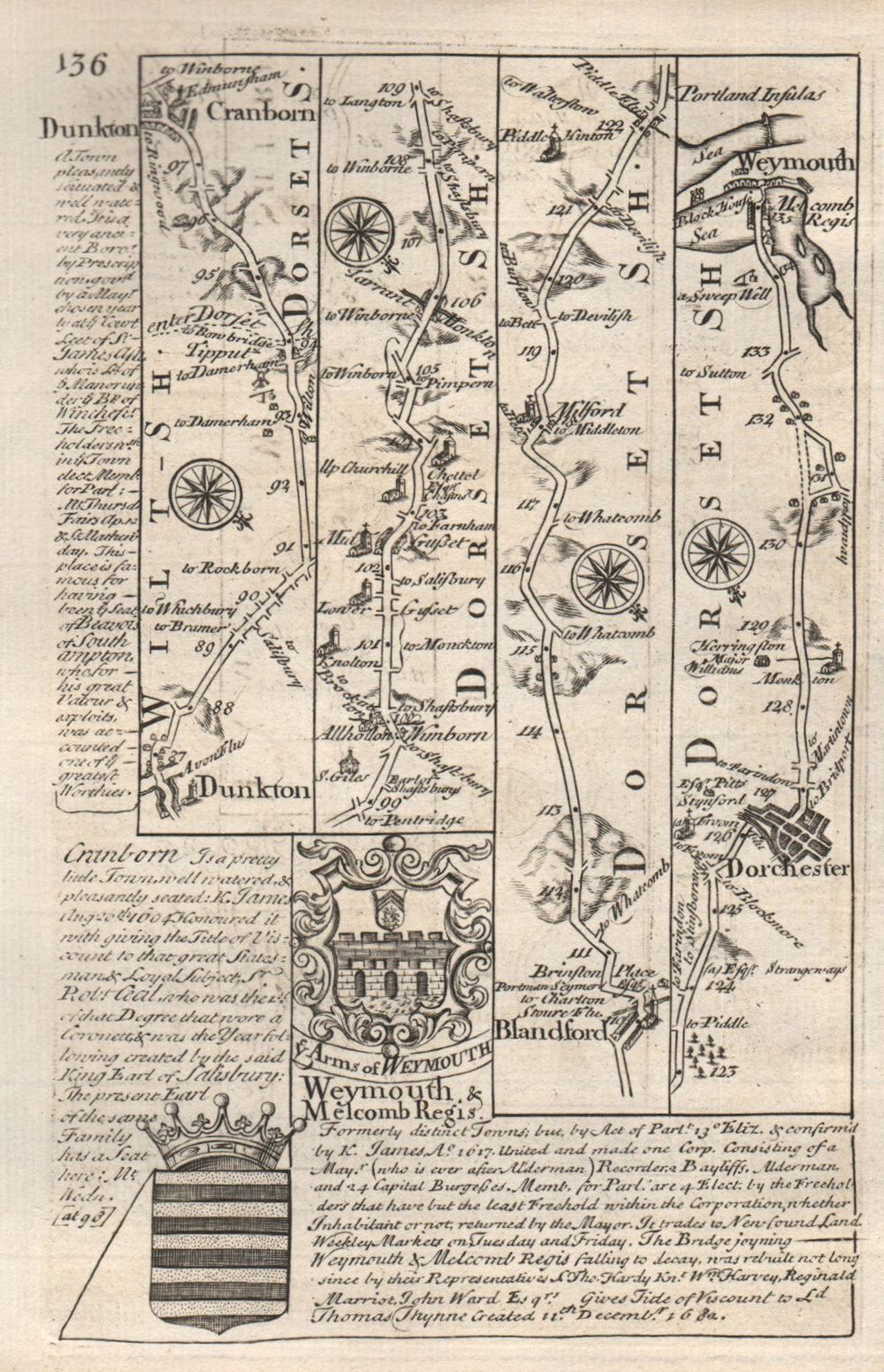Downton-Cranborne-Blandford Forum-Dorchester-Weymouth OWEN/BOWEN road map 1753
