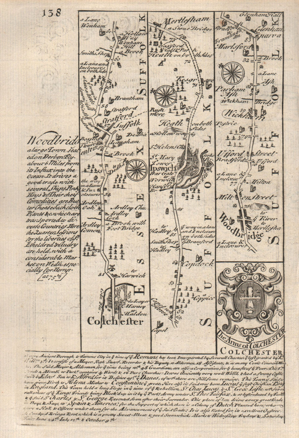Colchester-Ipswich-Martlesham-Woodbridge-Wickham Market OWEN/BOWEN road map 1753