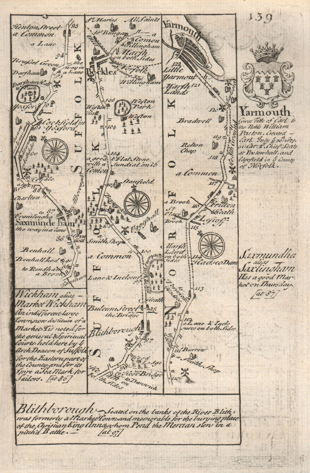 Saxmundham-Blythburgh-Beccles-Great Yarmouth road map by OWEN & BOWEN 1753