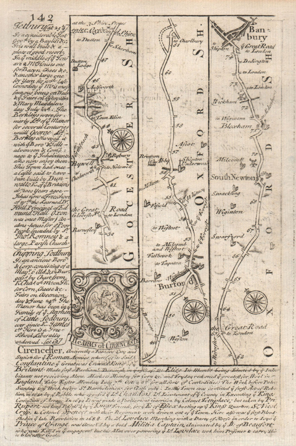 Barnsley-Bibury-Burford-Banbury road strip map by J. OWEN & E. BOWEN 1753