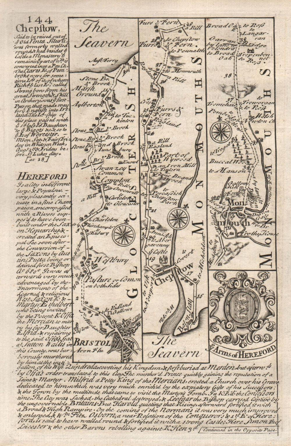 Bristol-Chepstow-Monmouth road strip map by J. OWEN & E. BOWEN 1753 old