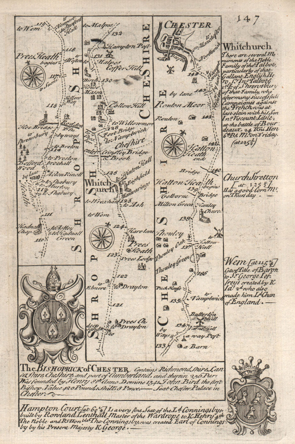 Prees Heath-Whitchurch-Chester road strip map by J. OWEN & E. BOWEN 1753