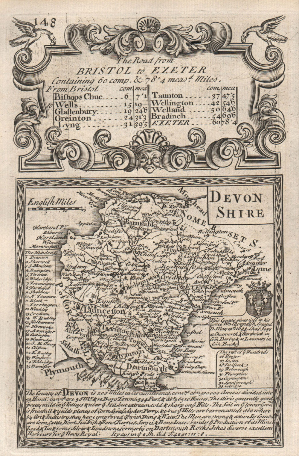 'Devon-Shire'. County map by J. OWEN & E. BOWEN. Devonshire 1753 old