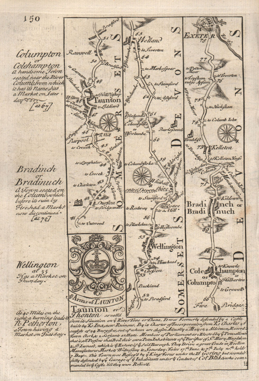 Taunton-Wellington-Willand-Bradninch-Exeter road map by OWEN & BOWEN 1753