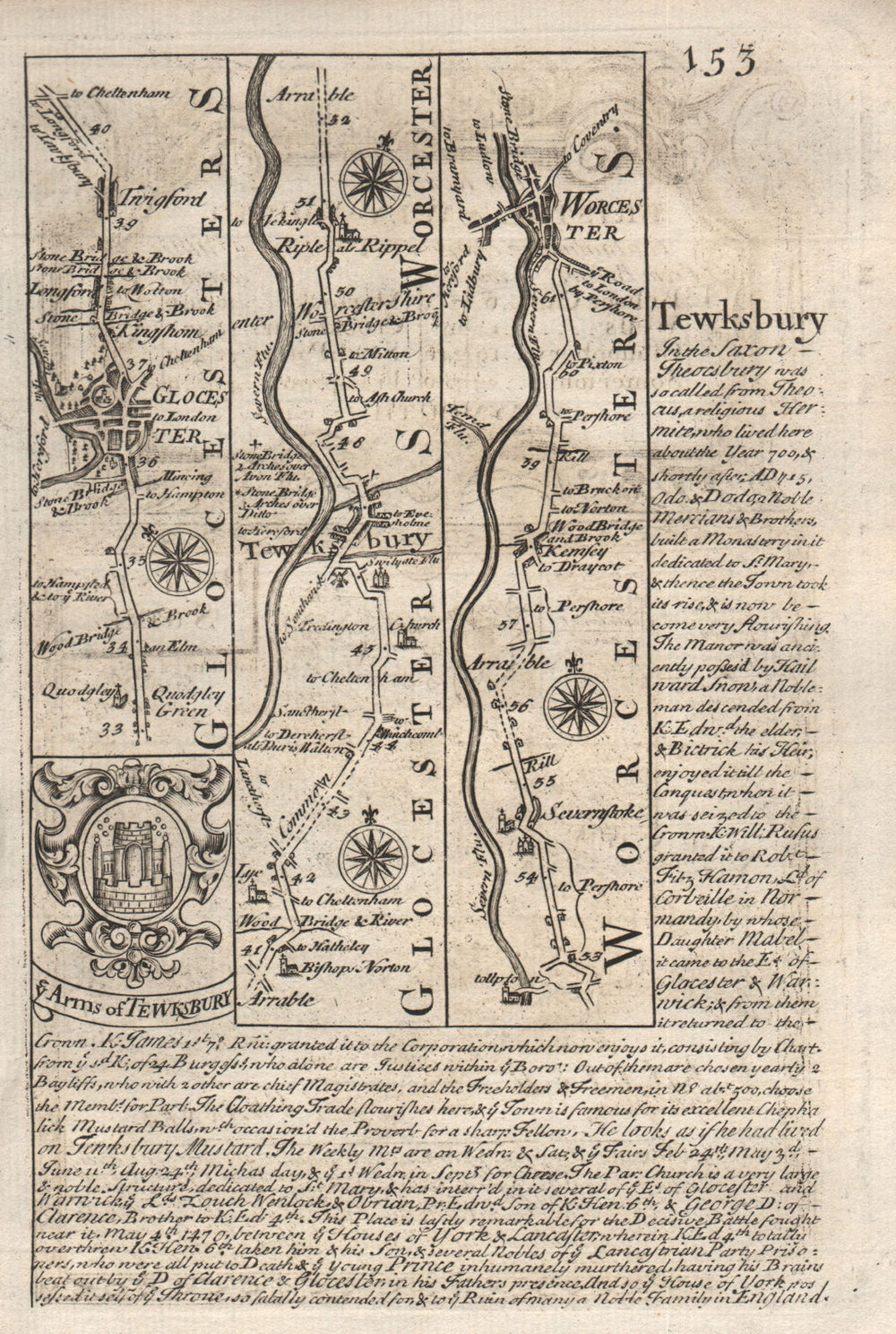 Gloucester-Tewkesbury-Ripple-Severn Stoke-Worcester OWEN/BOWEN road map 1753