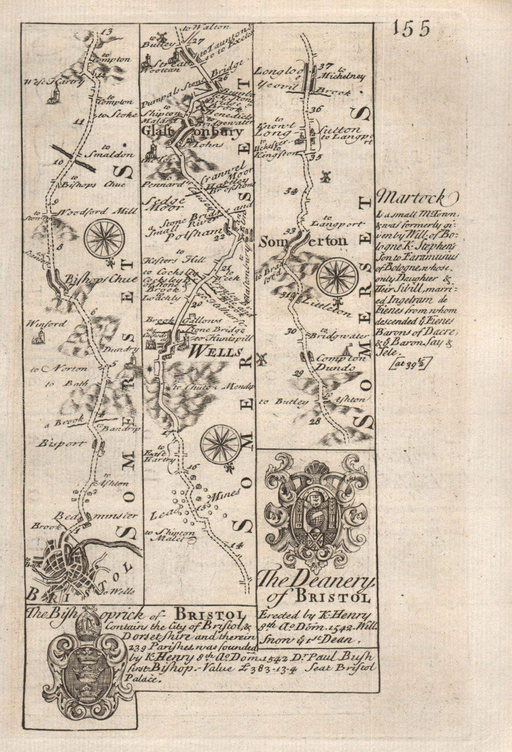 Bristol-Wells-Glastonbury-Somerton road strip map by J. OWEN & E. BOWEN 1753