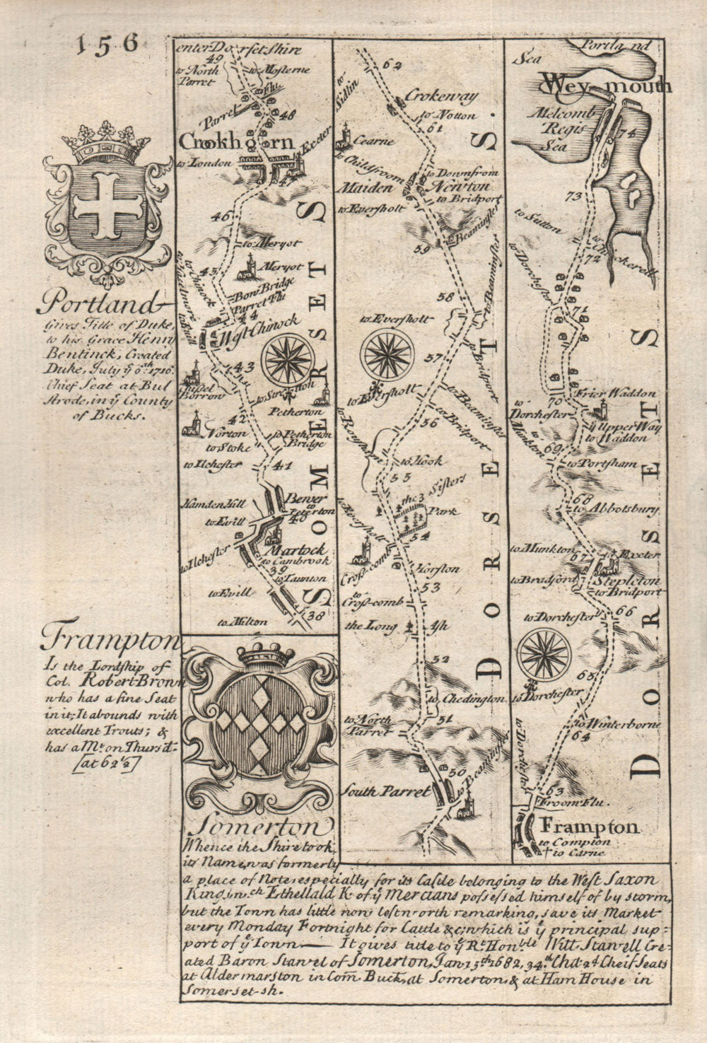 Martock-West Chinnock-Crewkerne-Frampton-Weymouth road map by OWEN & BOWEN 1753