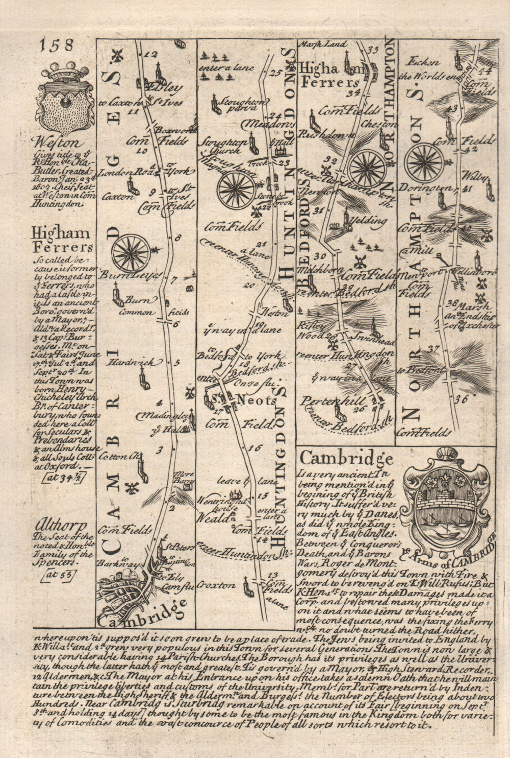 Cambridge-St Neots-Higham Ferrers road strip map by J. OWEN & E. BOWEN 1753