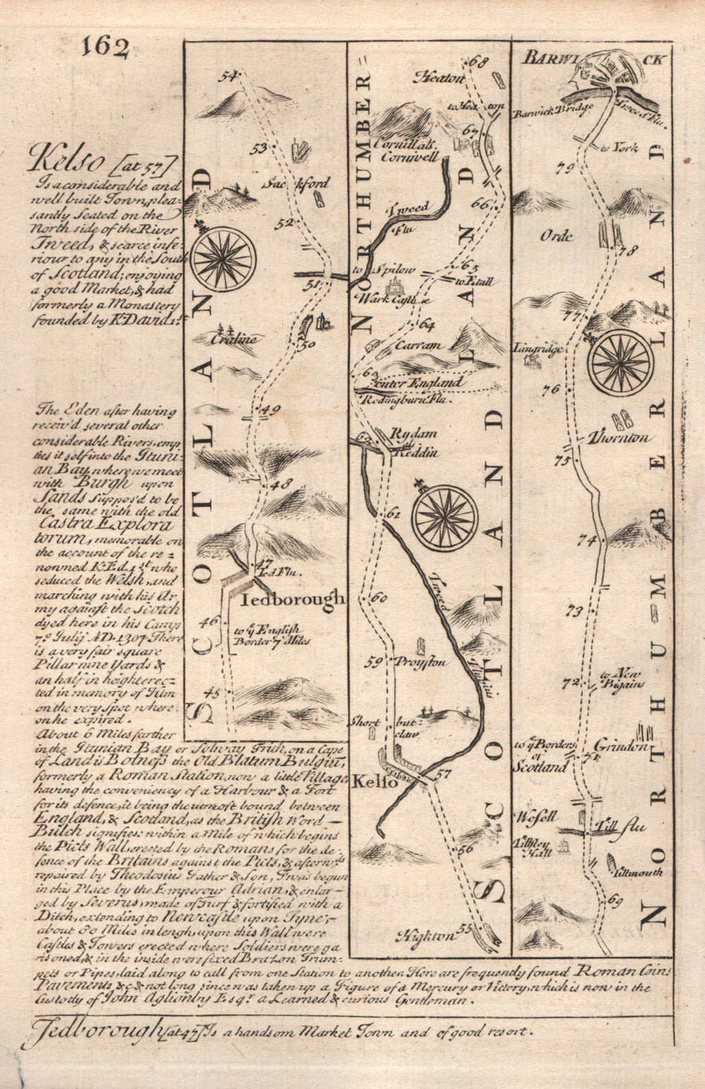 Jedburgh-Kelso-Carham-Berwick upon Tweed road map by J. OWEN & E. BOWEN 1753