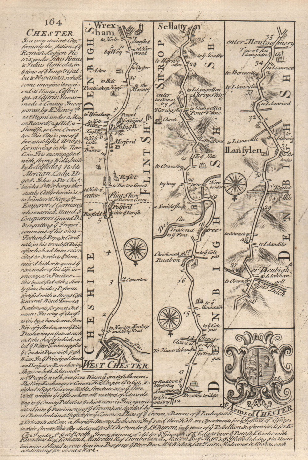 Chester-Wrexham-Ruabon-Selattyn-Llanfyllin road map by OWEN & BOWEN 1753