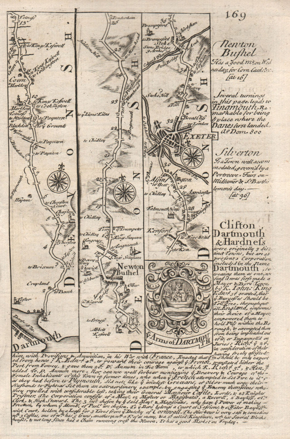 Dartmouth-Newton Abbot-Exeter road strip map by J. OWEN & E. BOWEN 1753