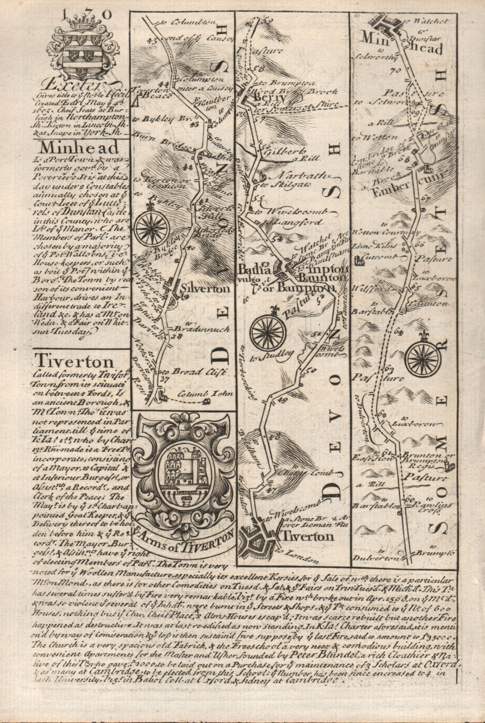 Silverton-Tiverton-Bampton-Bury-Minehead road map by J. OWEN & E. BOWEN 1753
