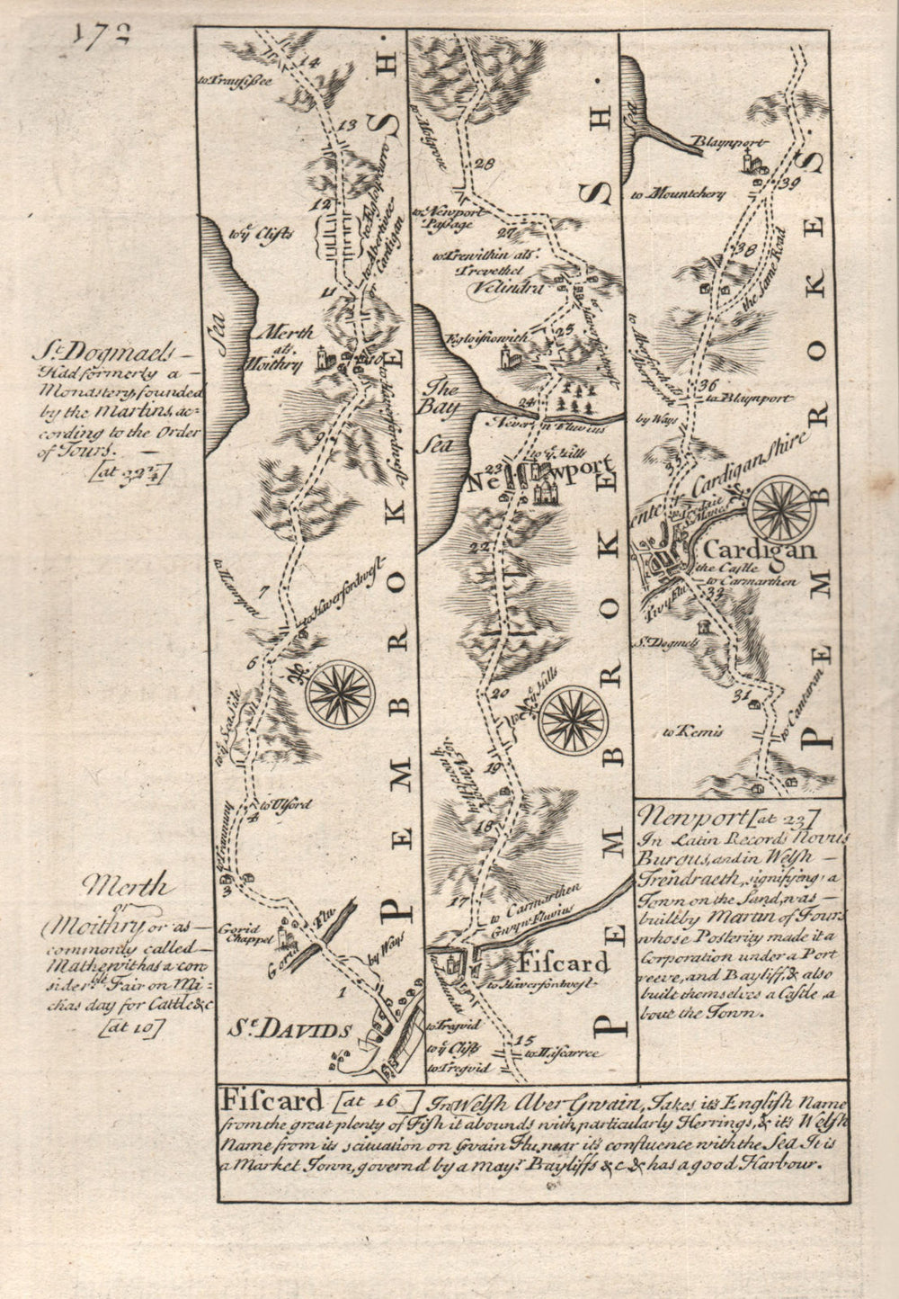 St David's-Fishguard-Newport-Cardigan road map by J. OWEN & E. BOWEN 1753