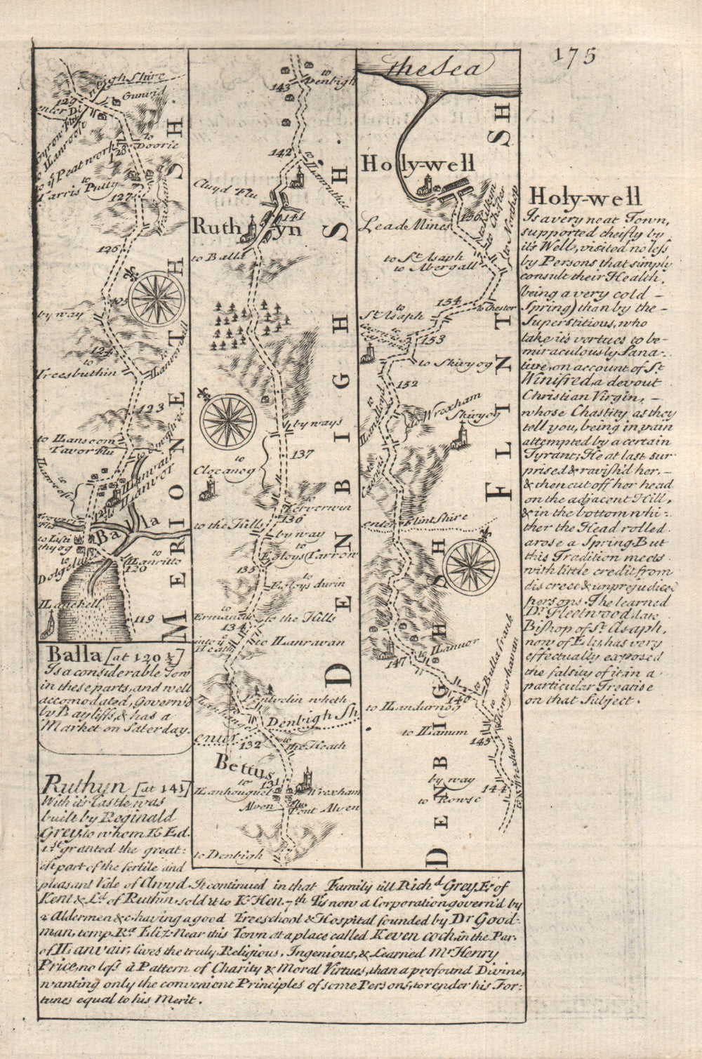Bala-Betws Gwerfil Goch-Ruthin-Holywell road map by J. OWEN & E. BOWEN 1753