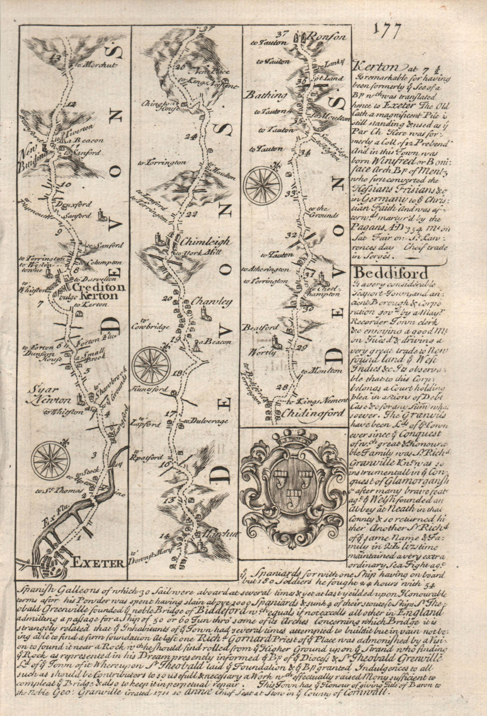 Exeter-Crediton-Chulmleigh-Chittlehamholt road map by J. OWEN & E. BOWEN 1753