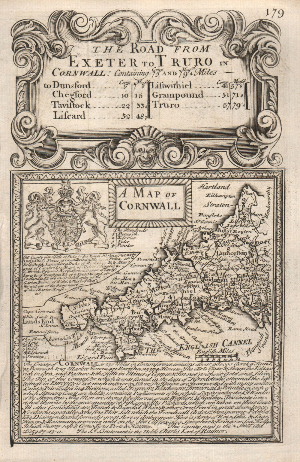 'A Map of Cornwall'. County map by J. OWEN & E. BOWEN 1753 old antique