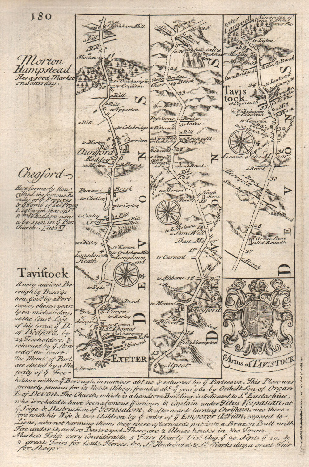 Exeter-Dunsford-Chagford-Tavistock road strip map by J. OWEN & E. BOWEN 1753