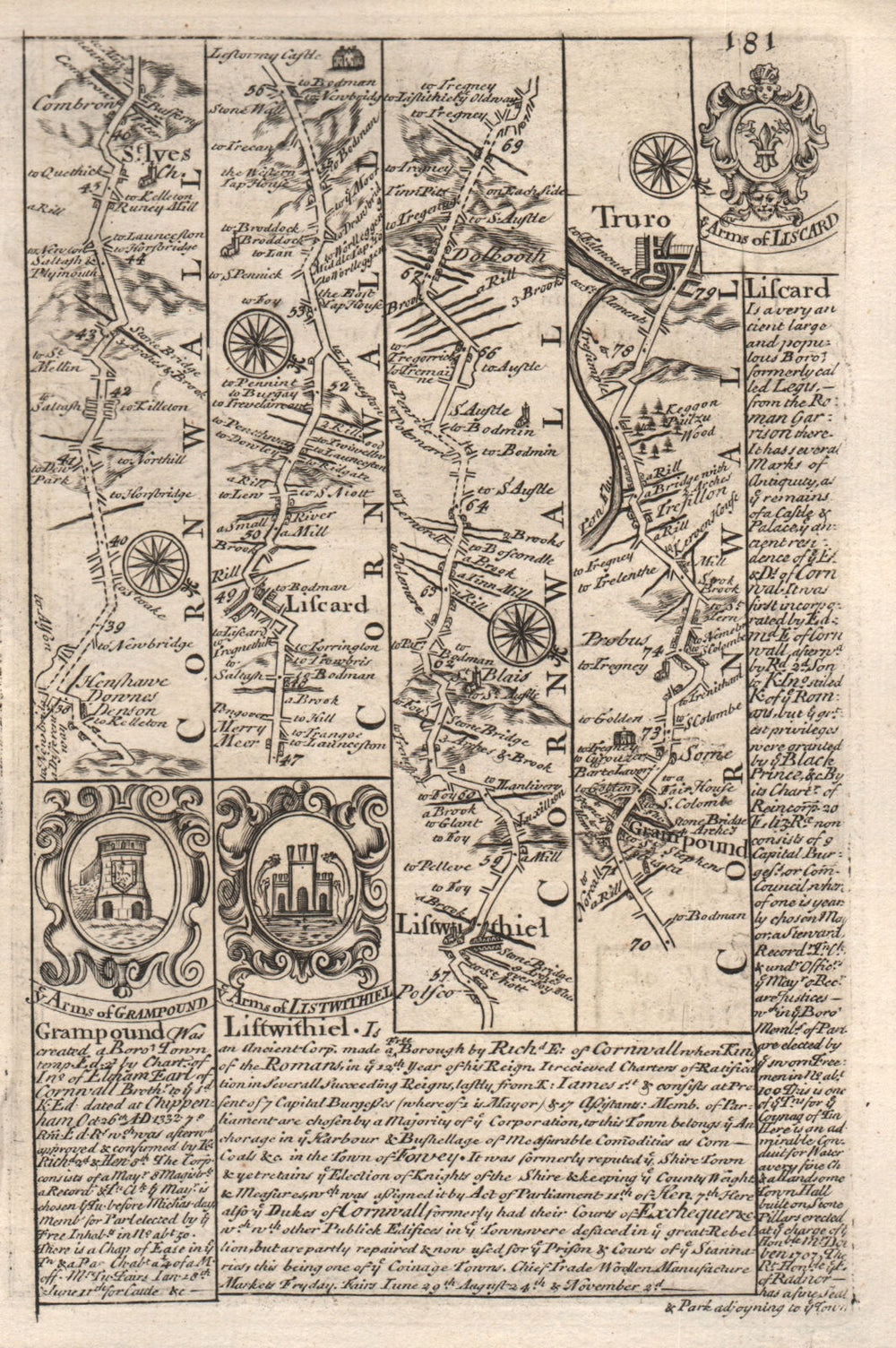 St Ives-Liskeard-Lostwithiel-Grampound-Truro road map by OWEN & BOWEN 1753