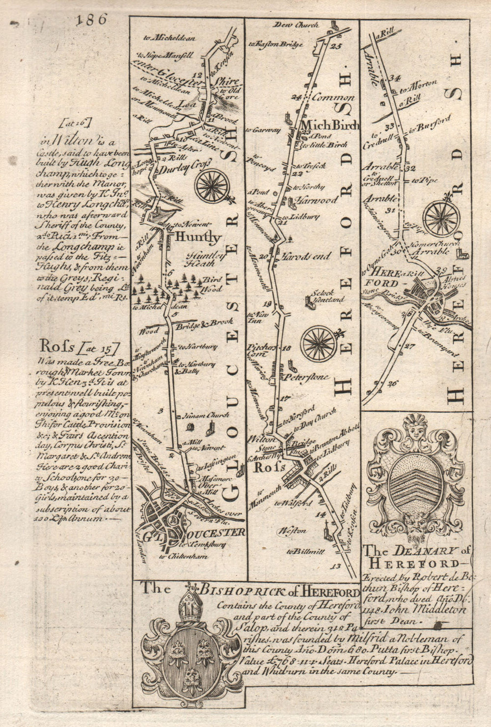 Gloucester-Huntley-Ross on Wye-Much Birch-Hereford OWEN/BOWEN road map 1753