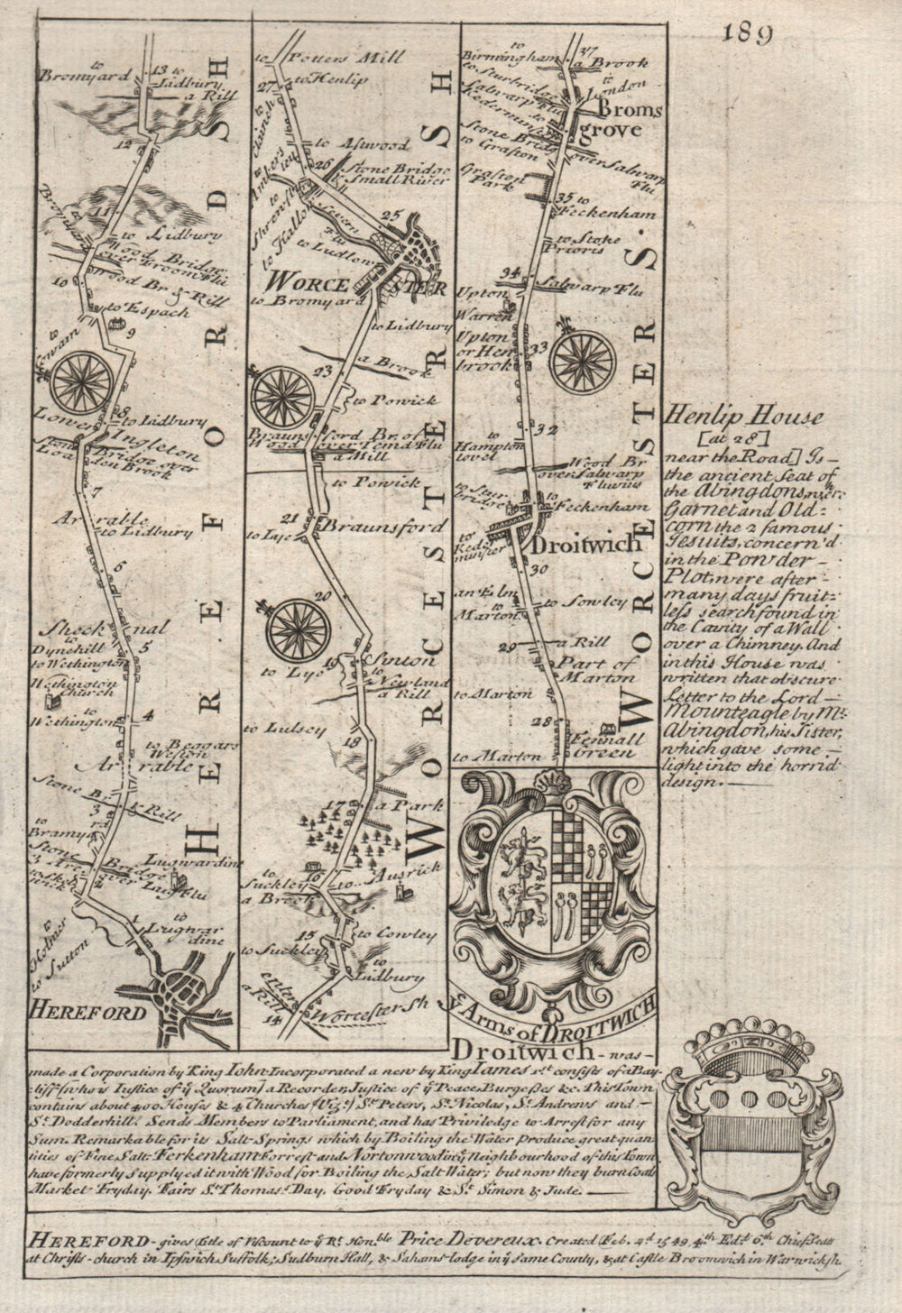 Hereford-Worcester-Droitwich Spa-Bromsgrove road map by OWEN & BOWEN 1753
