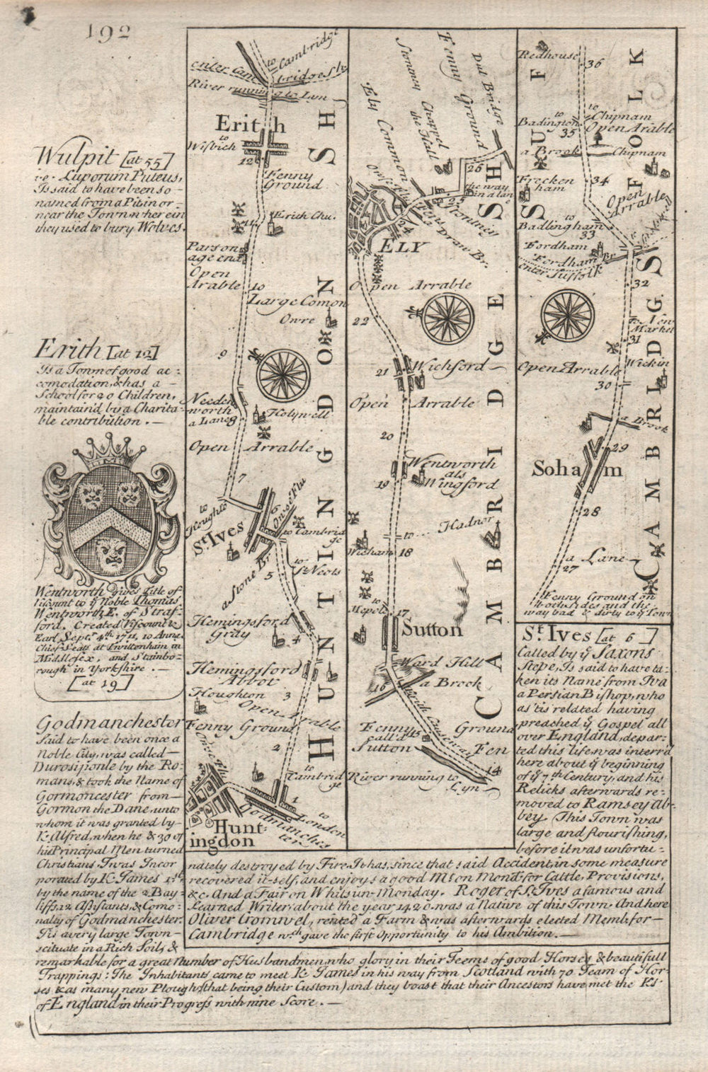 Huntingdon-St Ives-Earith-Sutton-Ely-Soham road map by OWEN & BOWEN 1753