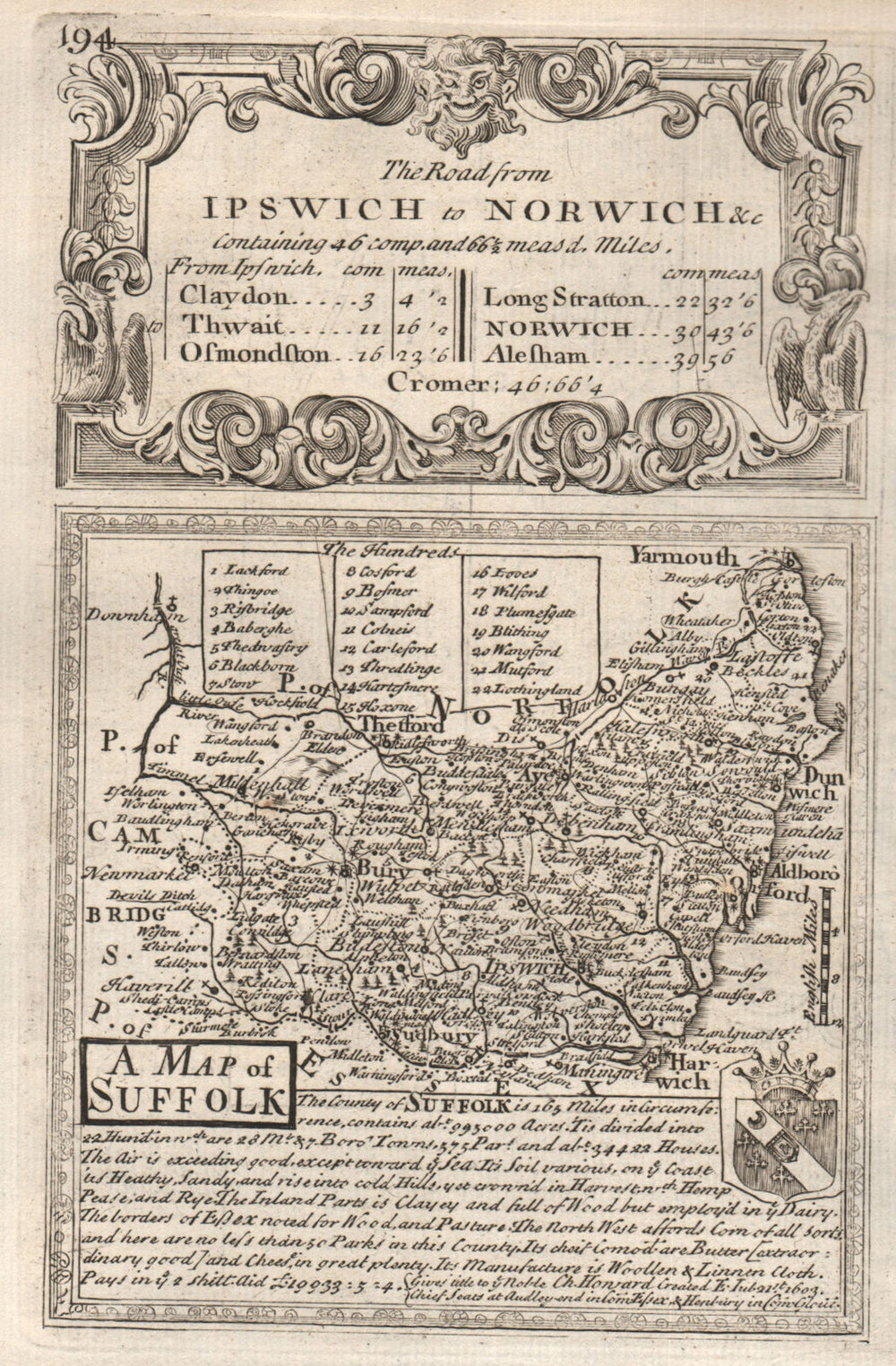 'A Map of Suffolk'. County map by J. OWEN & E. BOWEN 1753 old antique