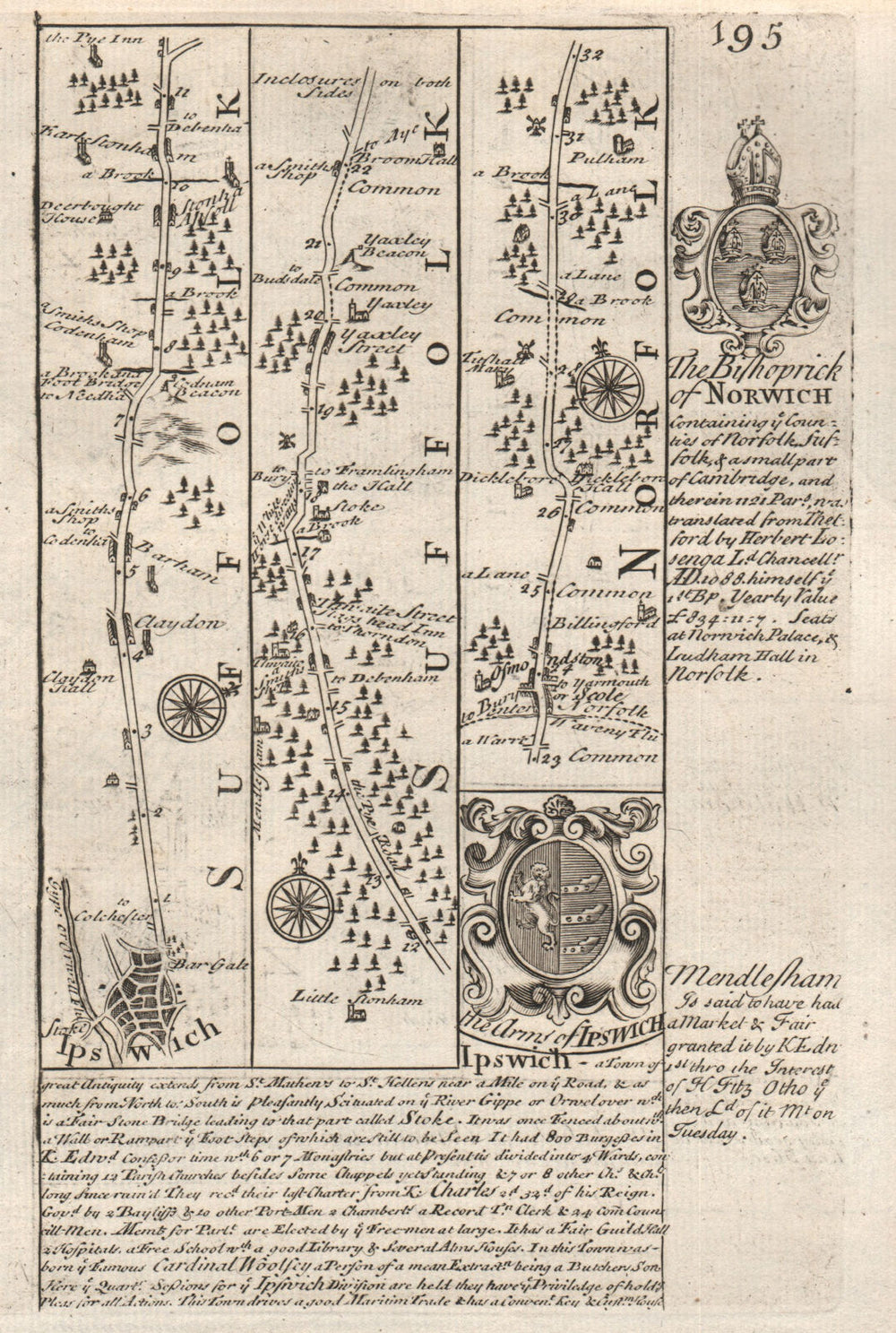 Ipswich-Claydon-Barham-Stonham Aspal-Scole road map by OWEN & BOWEN 1753