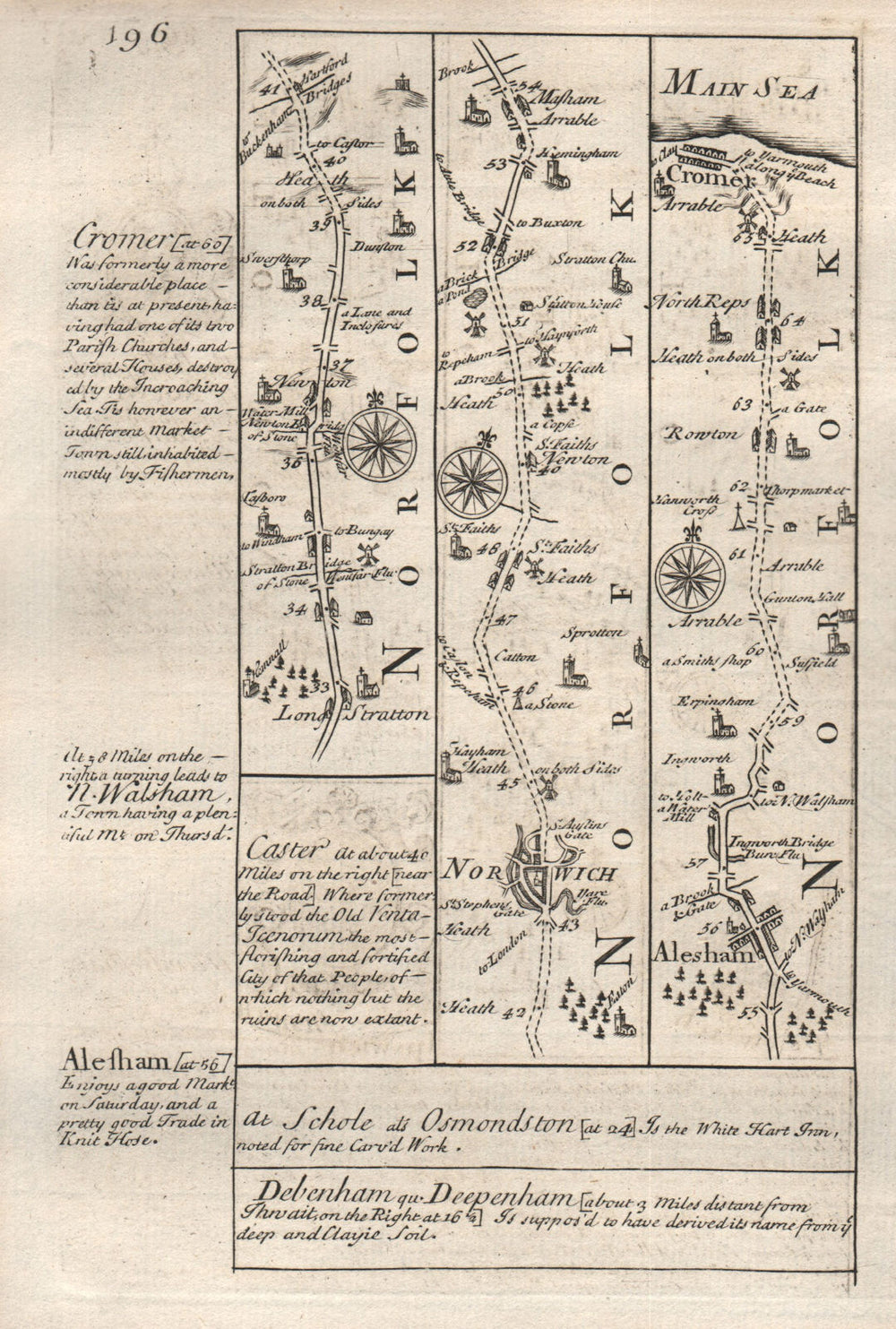 Long Stratton-Norwich-Aylsham-Cromer road strip map by J. OWEN & E. BOWEN 1753