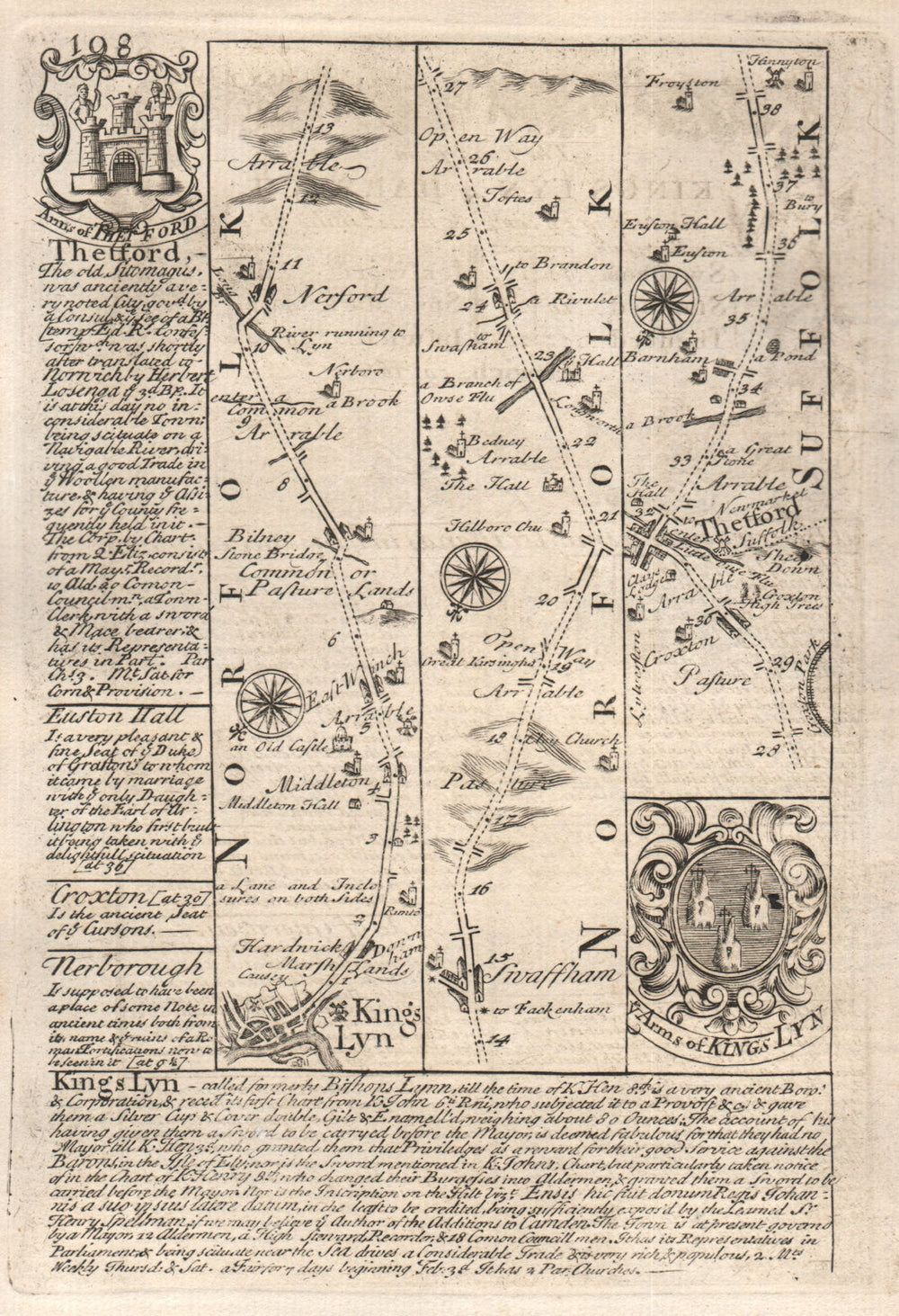 King's Lynn-Narborough-Swaffham-Thetford road map by J. OWEN & E. BOWEN 1753