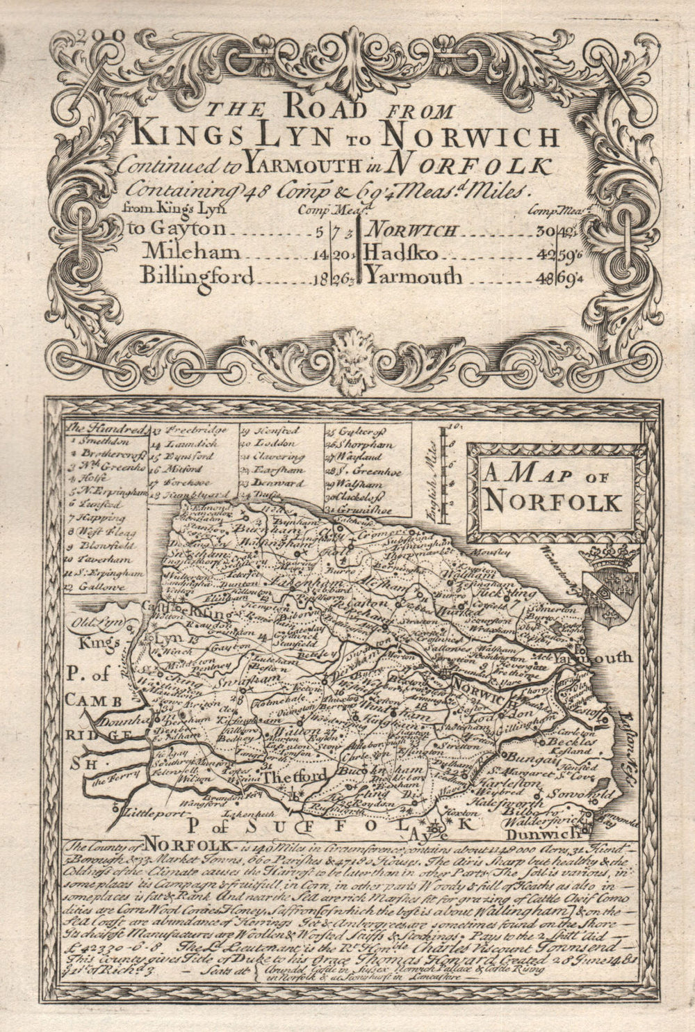 'A Map of Norfolk'. County map by J. OWEN & E. BOWEN 1753 old antique