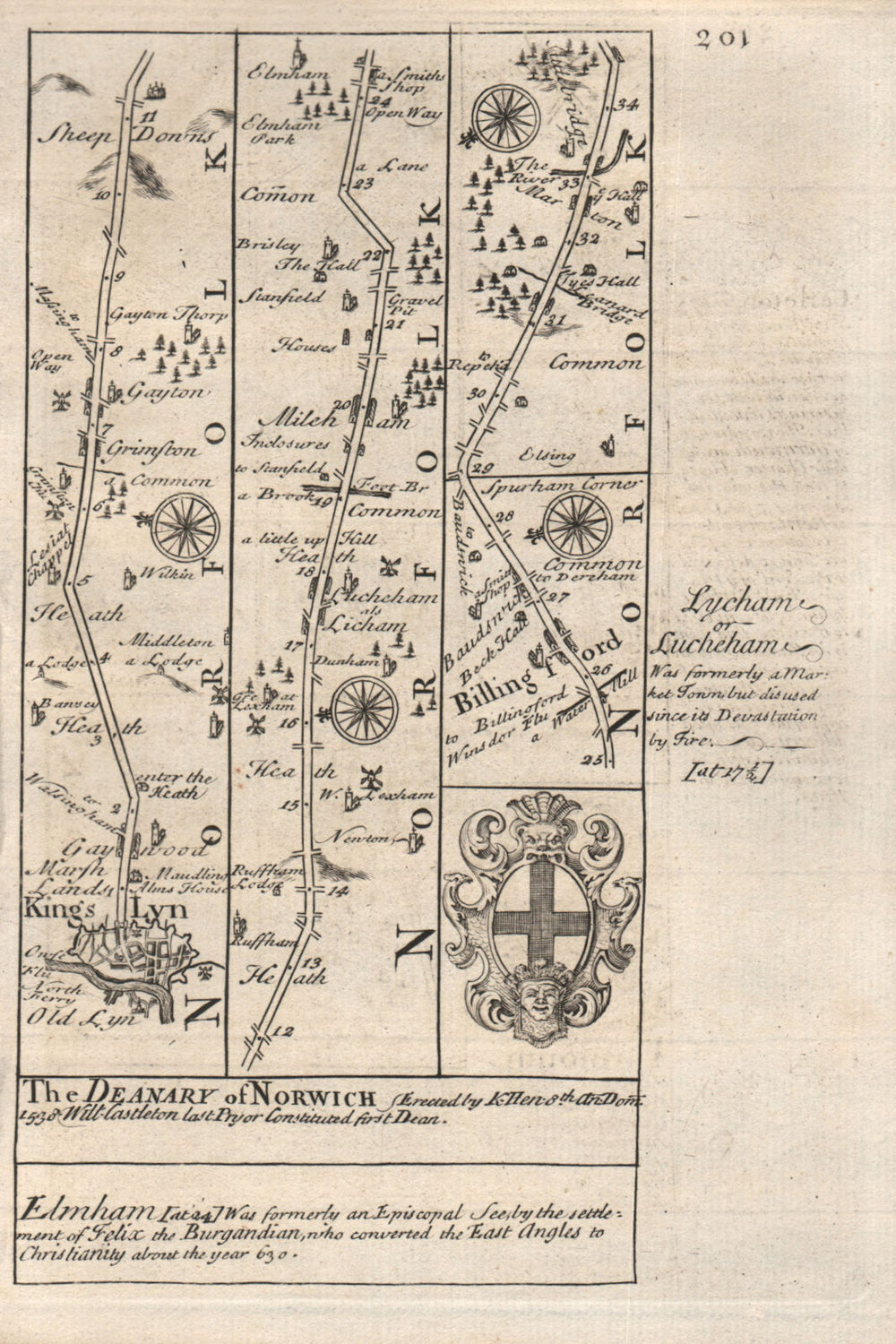 King's Lynn-Gaywood-Gayton-Mileham-Billingford road map by OWEN & BOWEN 1753