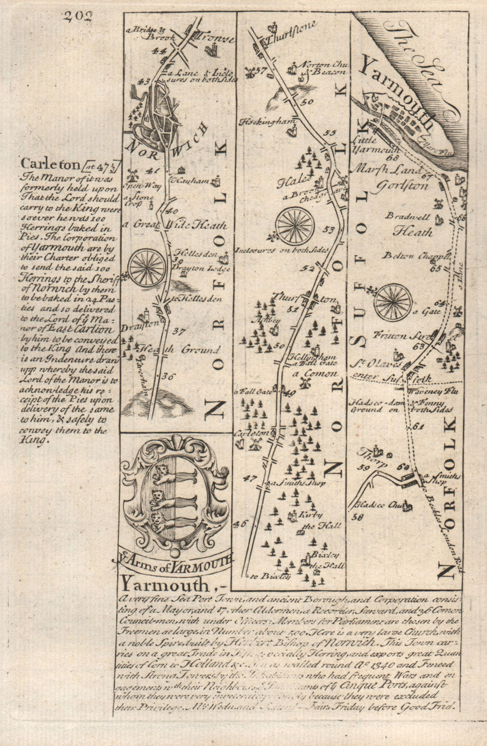 Norwich-Thurton-Thorpe-St Olaves-Great Yarmouth road map by OWEN & BOWEN 1753