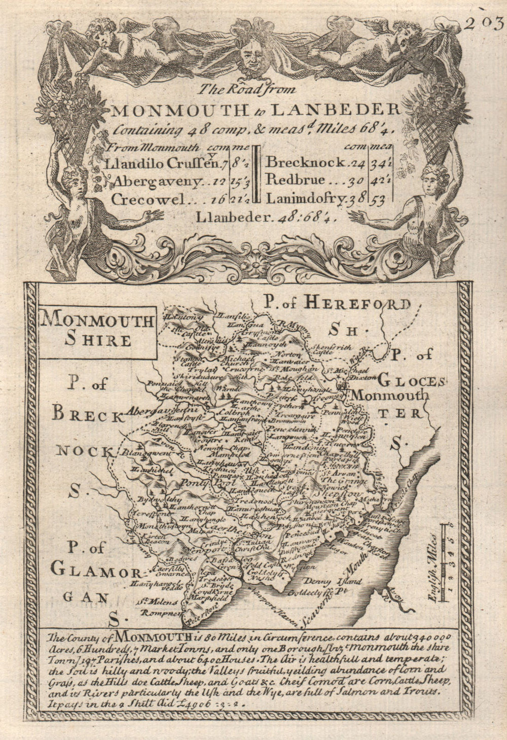 'Monmouth-Shire'. County map by J. OWEN & E. BOWEN. Monmouthshire 1753 old