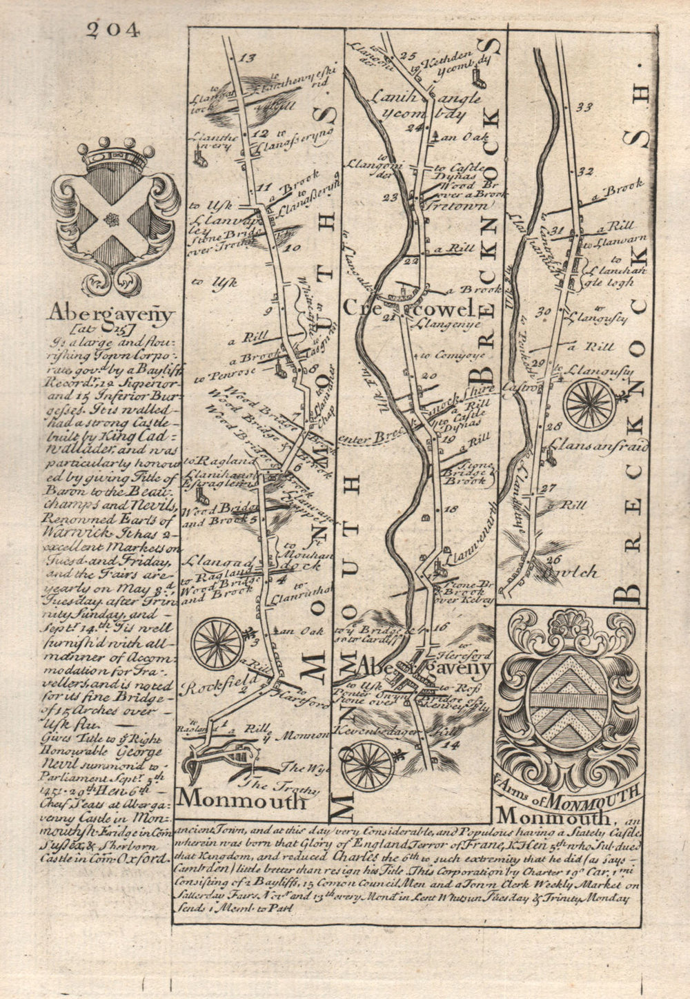 Monmouth-Abergavenny-Crickhowell road strip map by J. OWEN & E. BOWEN 1753