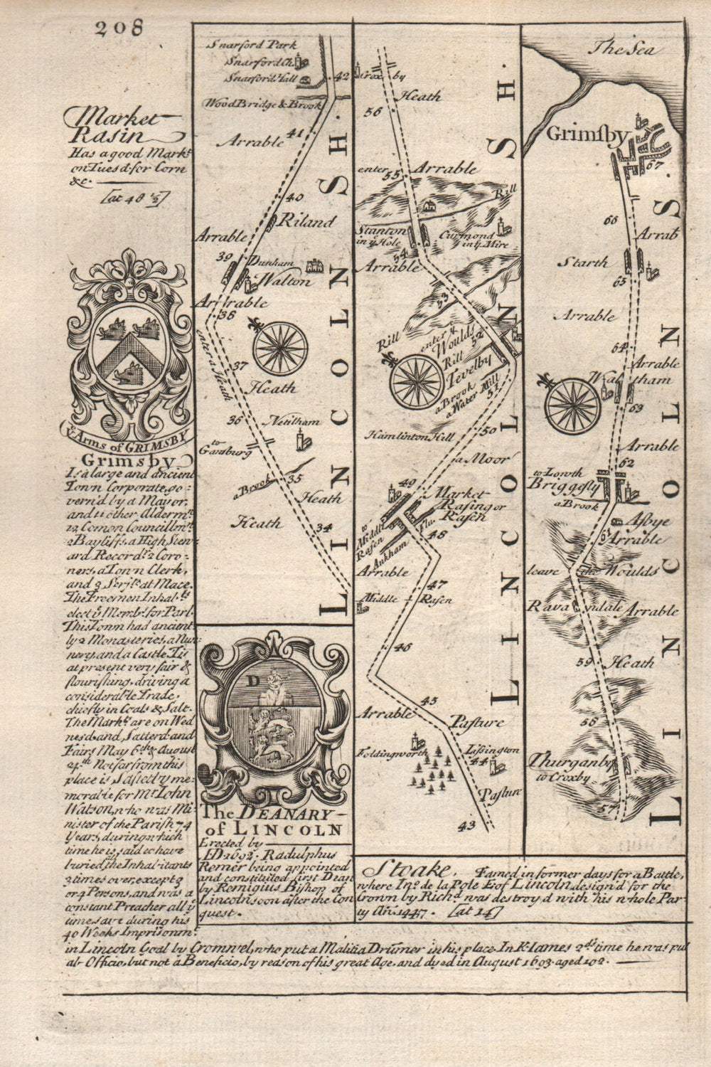 Welton-Market Rasen-Thorganby-Grimsby road map by J. OWEN & E. BOWEN 1753